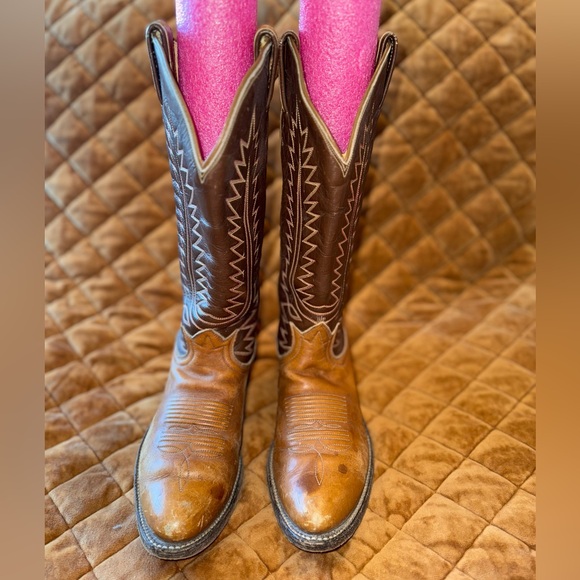 Tony Lama Shoes - Vintage Tony Lama Tan and Brown Cowboy Boots